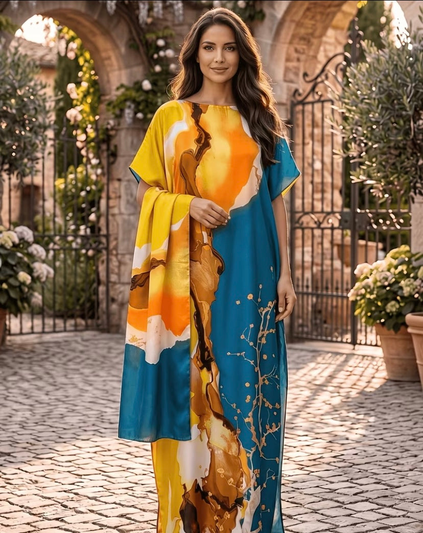 Vestido de mujer elegante con bufanda