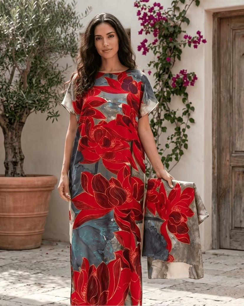 Un elegante vestido largo de mujer con pañuelo