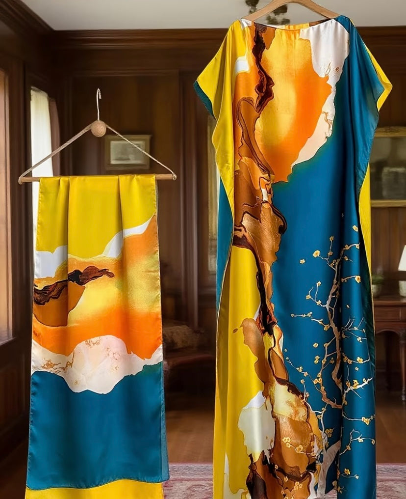 Vestido de mujer elegante con bufanda