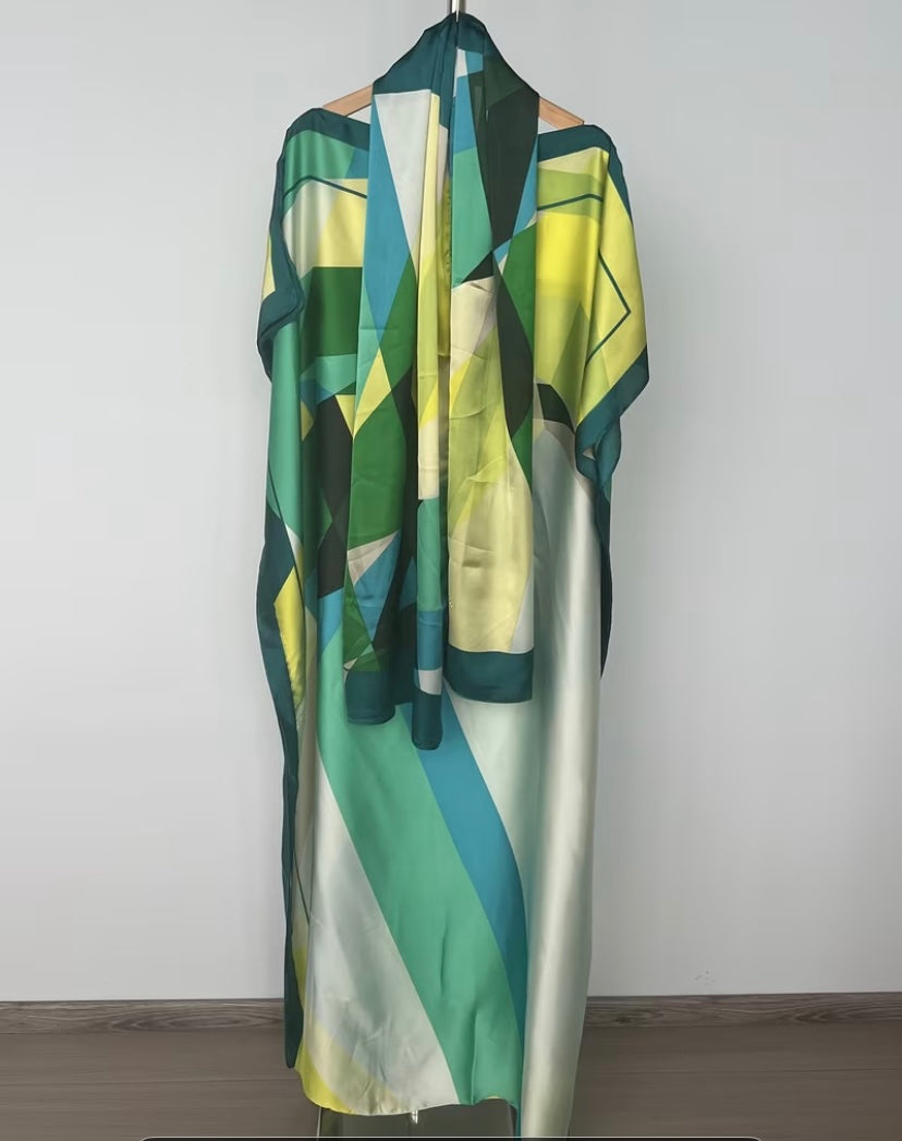 Elegante vestido largo para mujer con bufanda