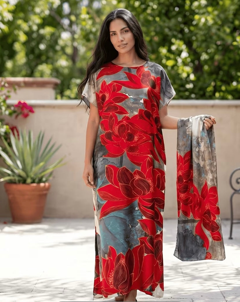 Un elegante vestido largo de mujer con pañuelo