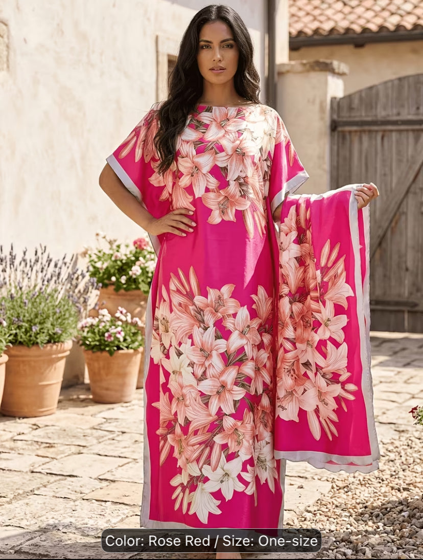 Vestido largo elegante de mujer con bufanda